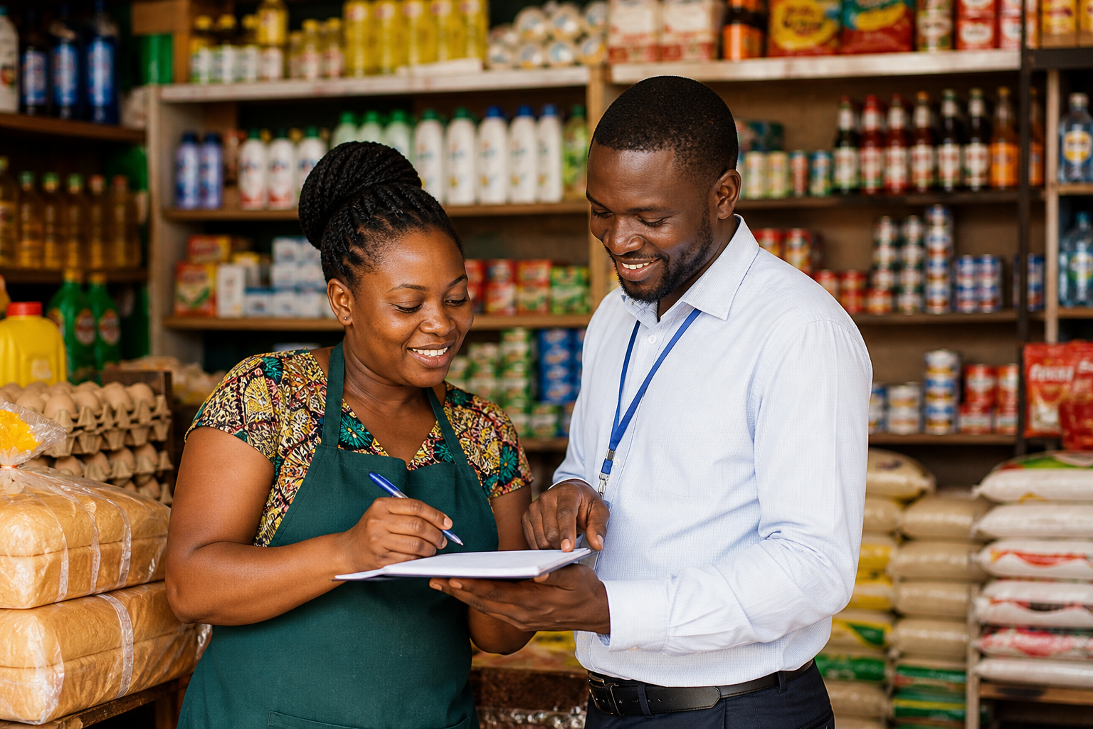Ugandan shop owner reviewing business loan paperwork in a stocked shop