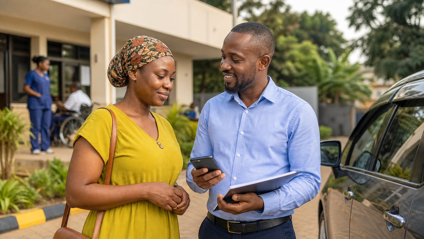 Ugandan borrower speaking with a lending advisor for urgent support