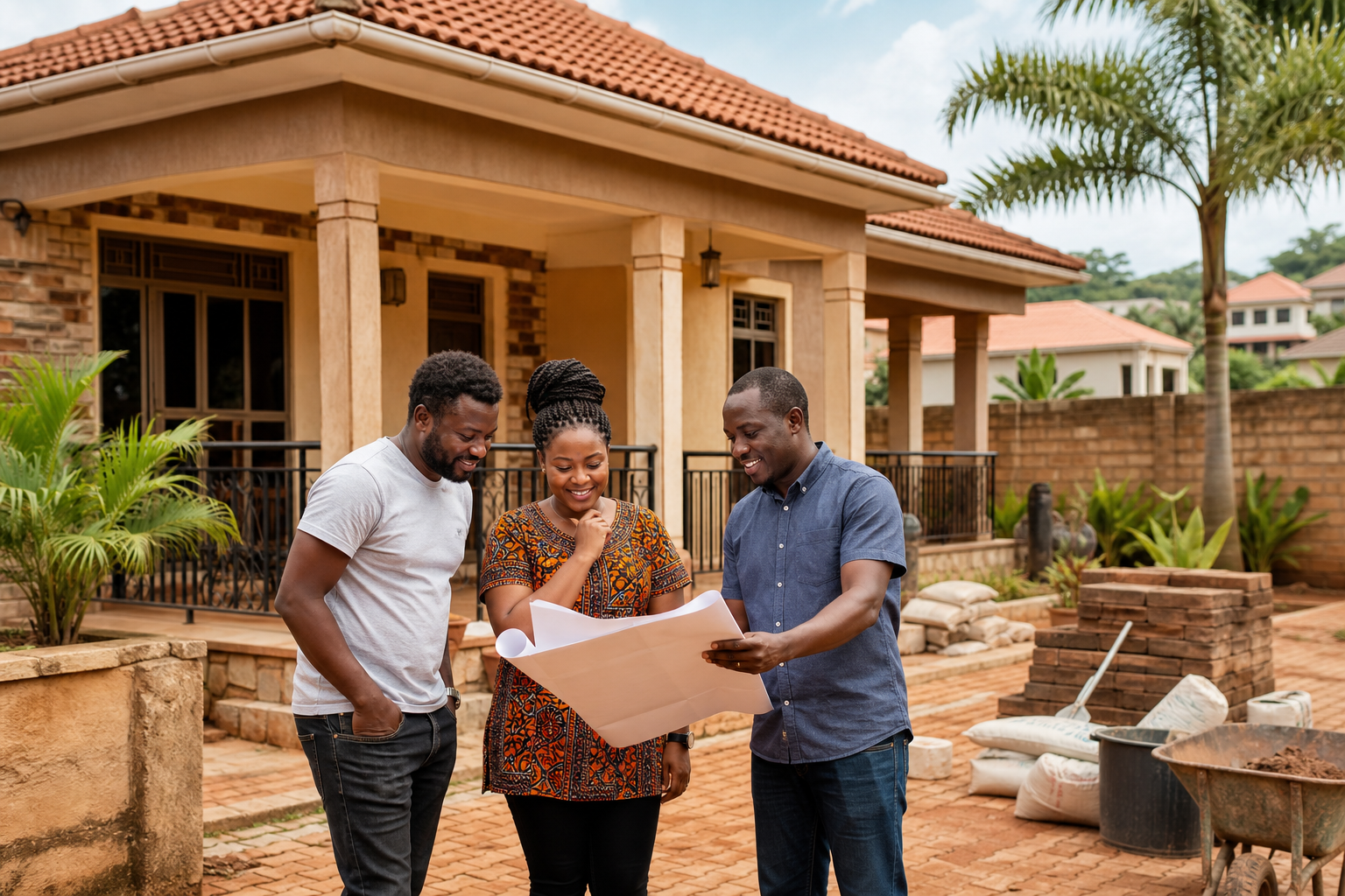 Ugandan homeowners reviewing home improvement plans at a residential compound