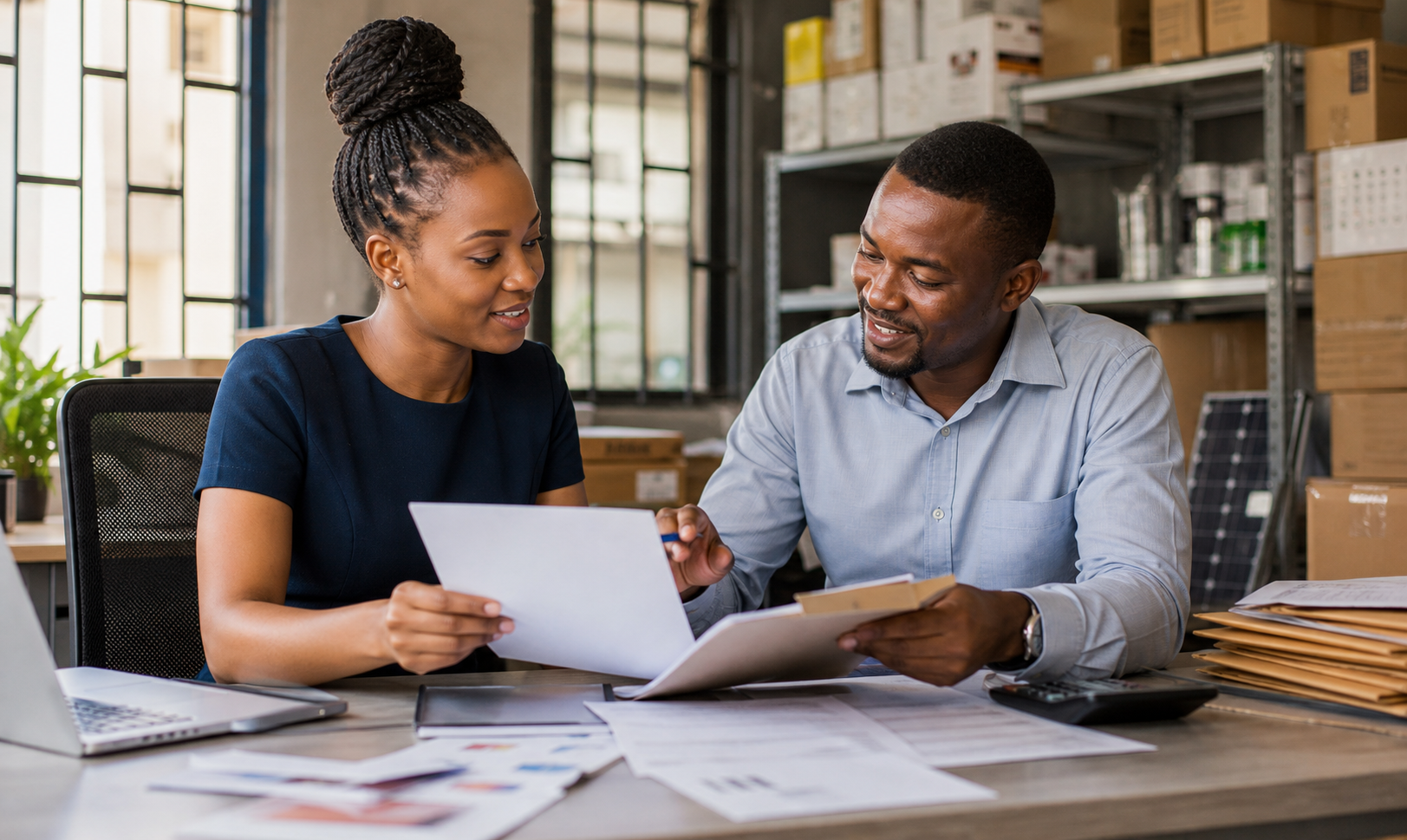Ugandan business owner reviewing invoice financing paperwork in an office