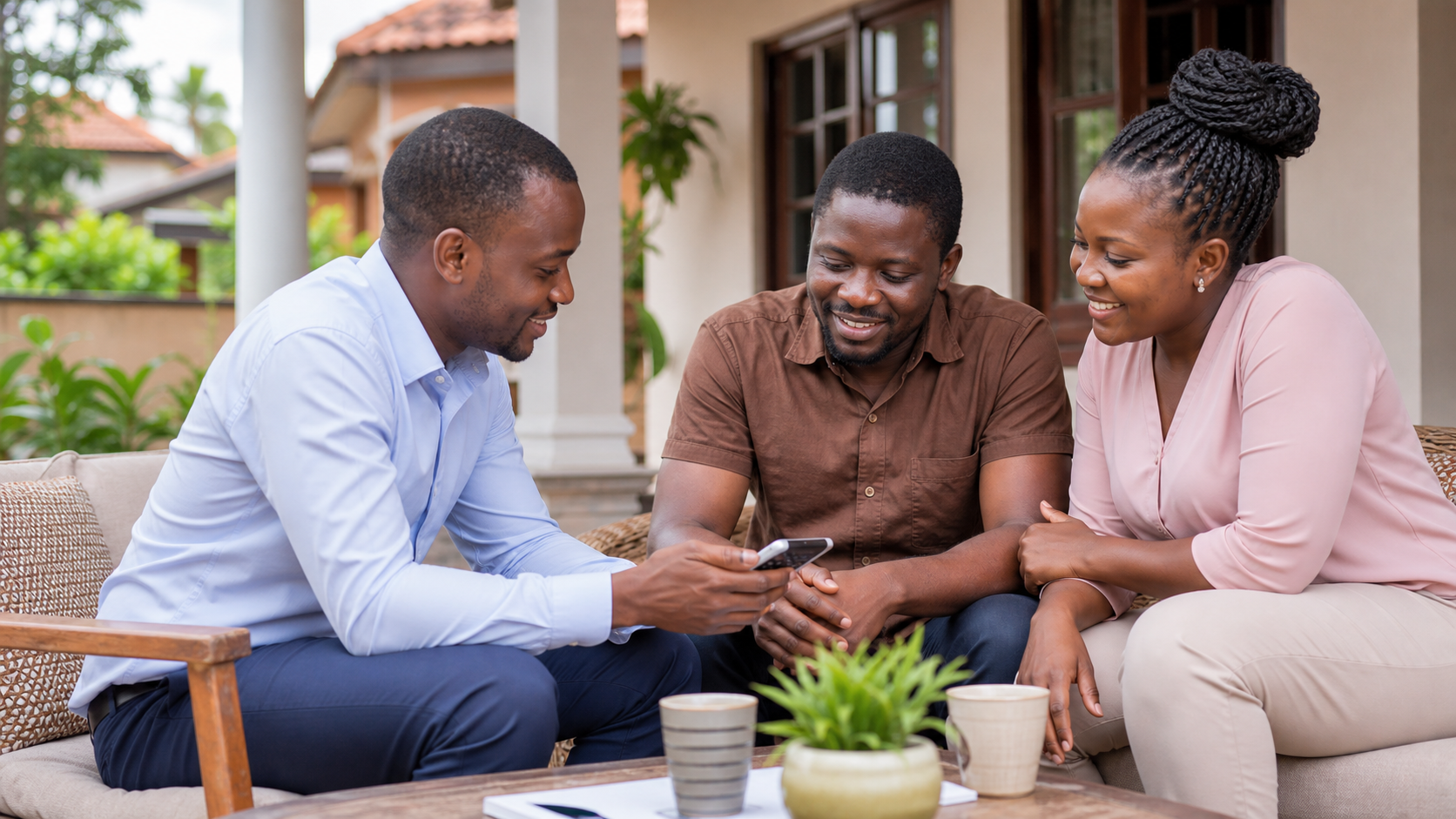 Ugandan family reviewing personal loan options with a lending advisor at home