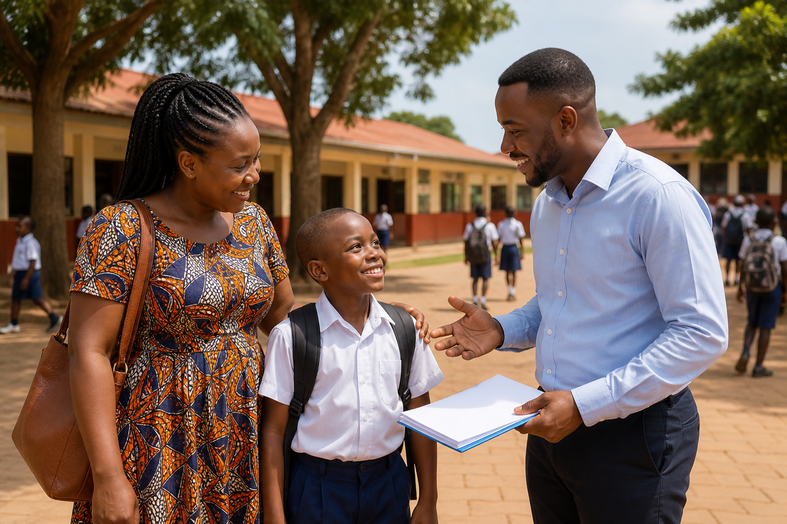 Ugandan parent and child speaking with a lending advisor at school