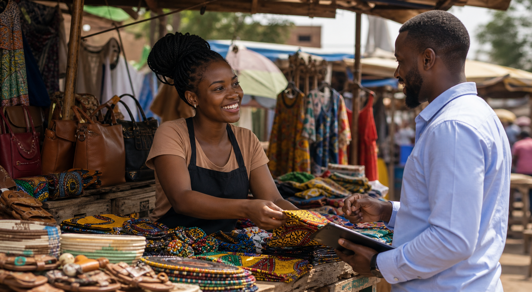 Ugandan market entrepreneur discussing side hustle finance with an advisor