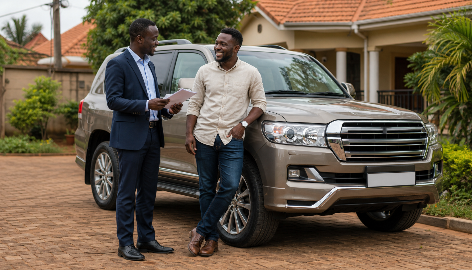 Ugandan client and lending advisor beside a premium SUV for vehicle finance