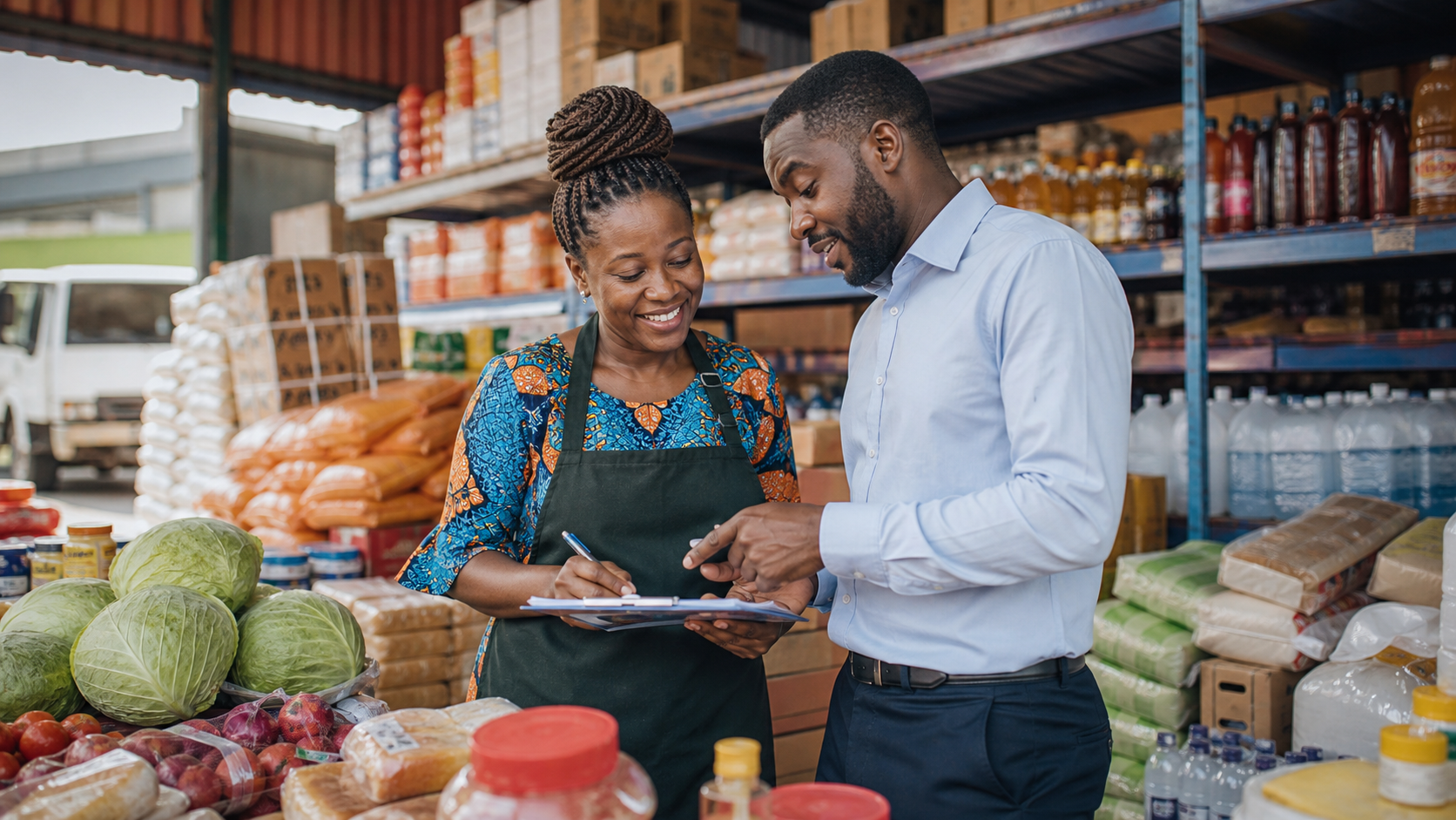 Ugandan trader reviewing stock and working capital support in a shop